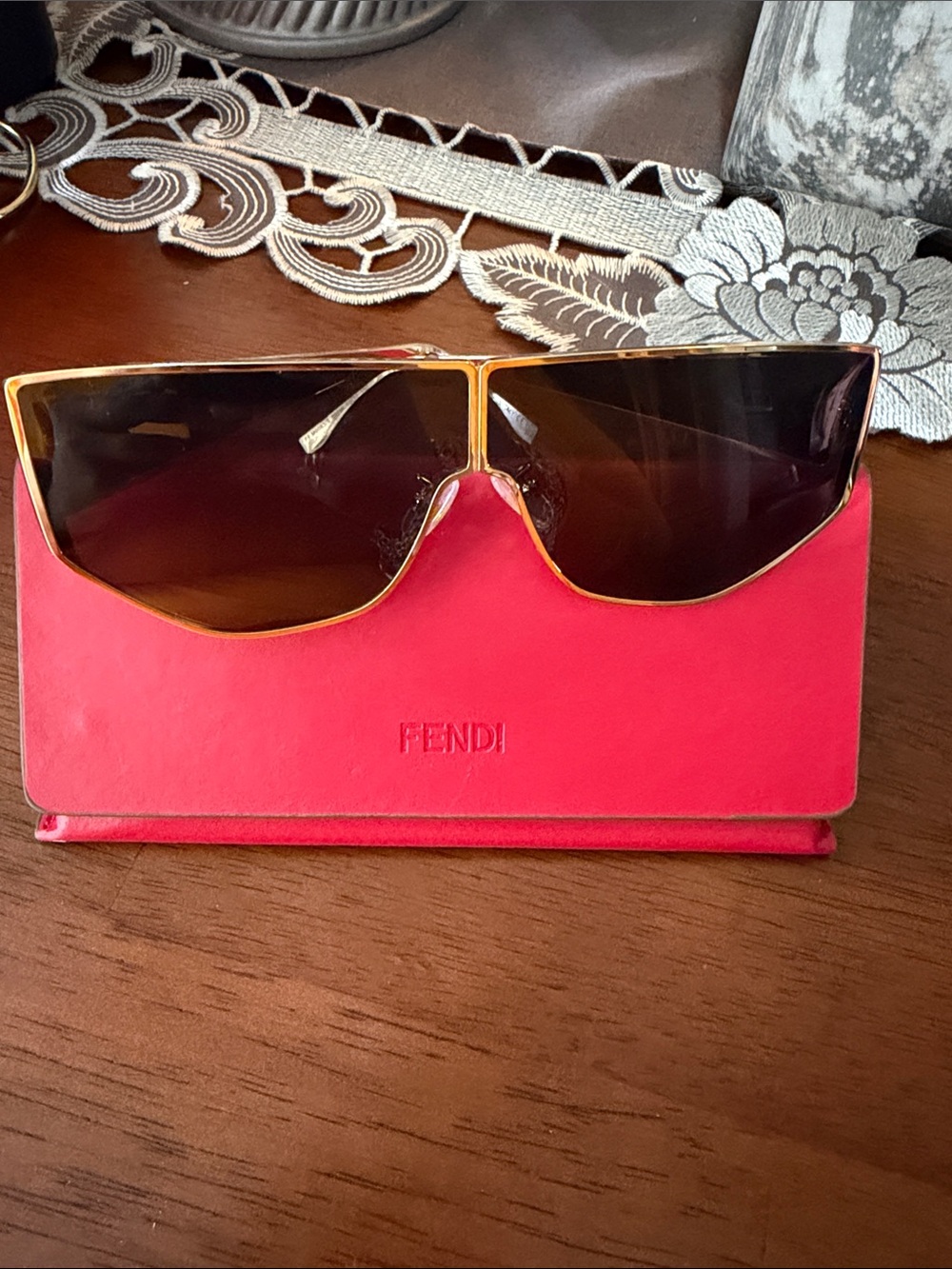 Gold Rim Brown Gradient Shield Sunglasses with Red Case Not Auth